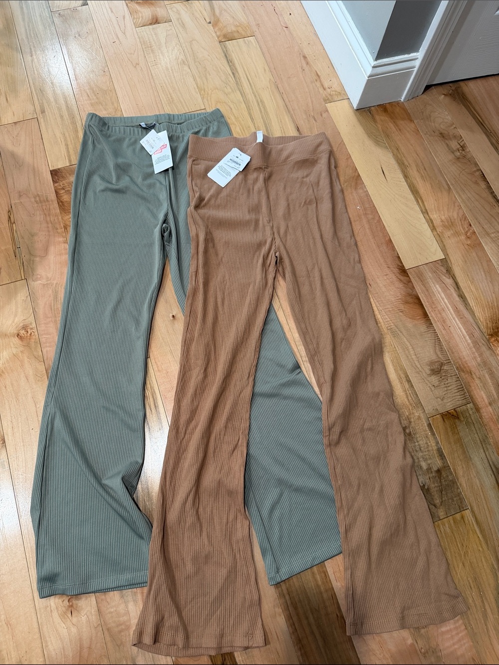 Two Ribbed Flare Knit Pants - Sage Green and Camel